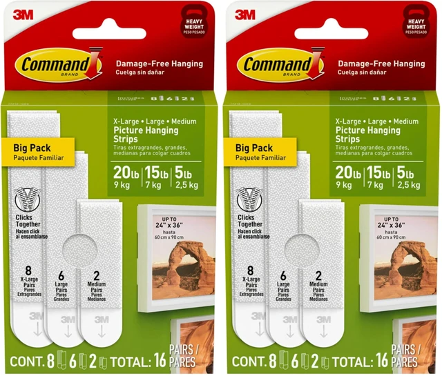 Main image of Picture Hanging Strips Variety Pack, Damage-Free Picture Hangers, No Tools Wall Hanging Strips White, 2 Medium, 6 Large and 8 X-Large Pairs, (Pack of 2)
