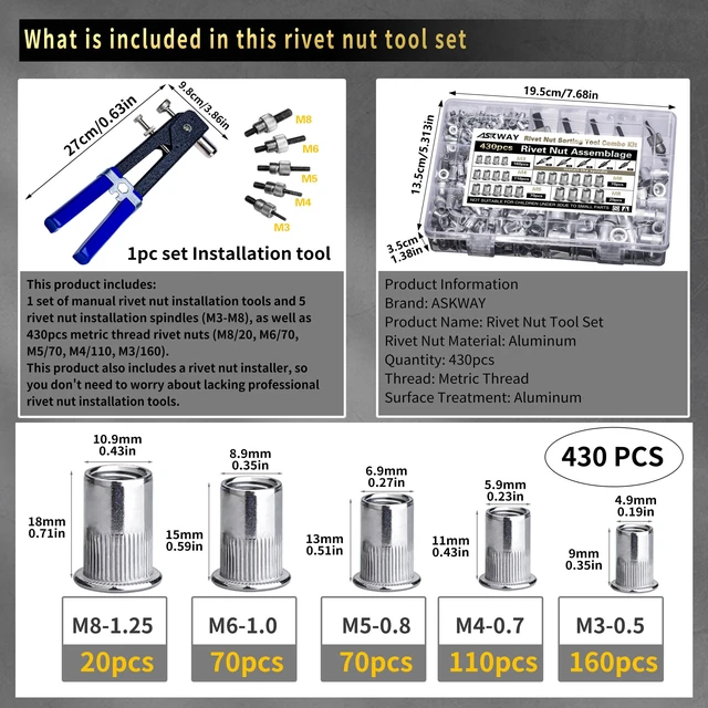 Alt view image 2 of 6 - Pressure Rivet Nut Tool Kit, 430Pcs Aluminum Rivet Nut Combination Metric Threaded Rivet Nut (M8/M6/M5/M4/M3) Suitable for Furniture, Decoration, Automotive, Marine and Industrial Applications