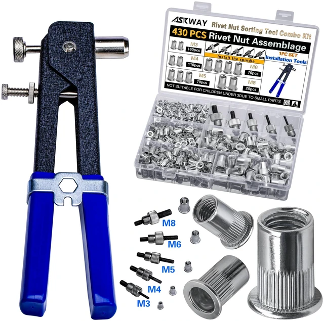 Main image of Pressure Rivet Nut Tool Kit, 430Pcs Aluminum Rivet Nut Combination Metric Threaded Rivet Nut (M8/M6/M5/M4/M3) Suitable for Furniture, Decoration, Automotive, Marine and Industrial Applications