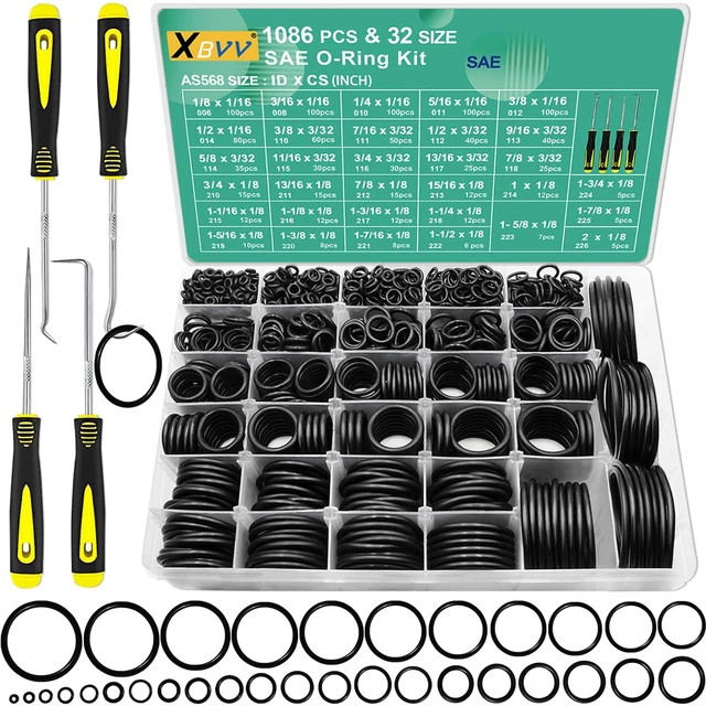 Main image of 1086 Pcs 32 Size SAE O Ring Assortment Kit Standard Buna-N Rubber O'ring Set with 4 Pick & Hook for Automotive Hydraulic Faucet Plumbing Sealing Repair ID:1/8-2 Inch
