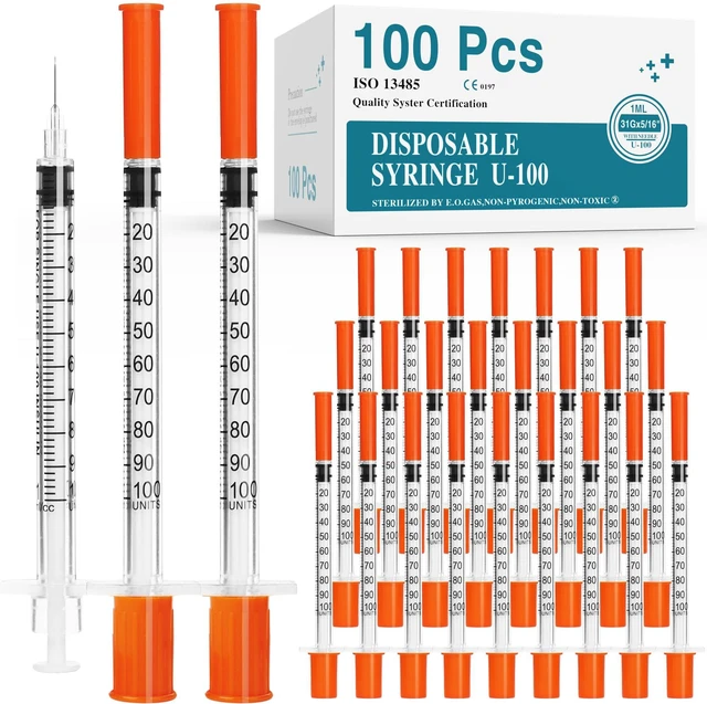 Main image of U-100 syringes with needle - 1ml 31G (31 gauge) 5/16 inch syringe with needles scale in 100 units, 1 ml / 1cc Pack of 100 (100Pack)