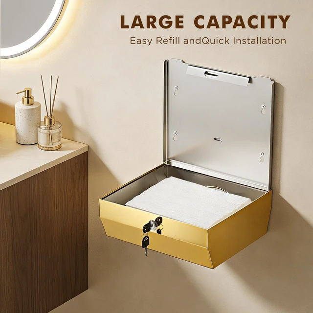 Alt view image 3 of 6 - Commercial Paper Towel Dispenser Wall Mount, Gold Polished Mirror Finish, Stainless Steel Paper Towel Dispenser with Lock, Fits C-Fold Multifold Trifold Paper Towels