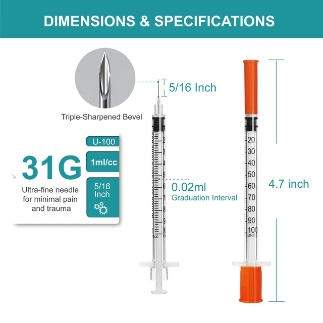 Alt view image 2 of 7 - U-100 syringes with needle - 1ml 31G (31 gauge) 5/16 inch syringe with needles scale in 100 units, 1 ml / 1cc Pack of 100 (100Pack)