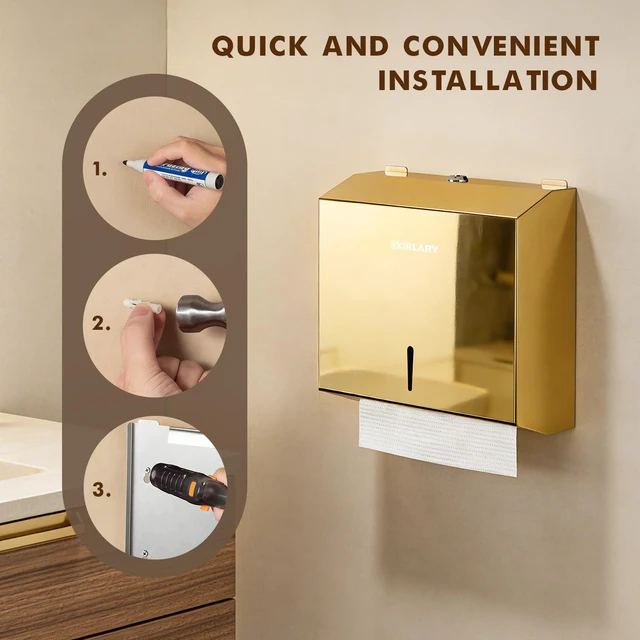 Alt view image 2 of 6 - Commercial Paper Towel Dispenser Wall Mount, Gold Polished Mirror Finish, Stainless Steel Paper Towel Dispenser with Lock, Fits C-Fold Multifold Trifold Paper Towels