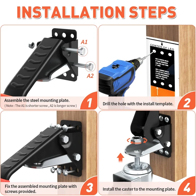 Alt view image 5 of 7 - Workbench Casters Kit 880 Lbs - 3 Inch Heavy Duty Retractable Caster Designed for Workbenches Machinery & Tables, 4 Pack