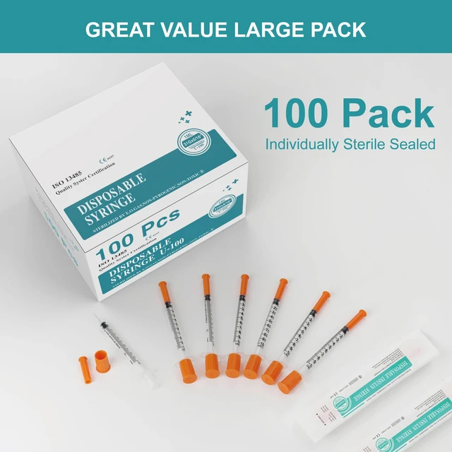 Alt view image 5 of 7 - U-100 syringes with needle - 1ml 31G (31 gauge) 5/16 inch syringe with needles scale in 100 units, 1 ml / 1cc Pack of 100 (100Pack)