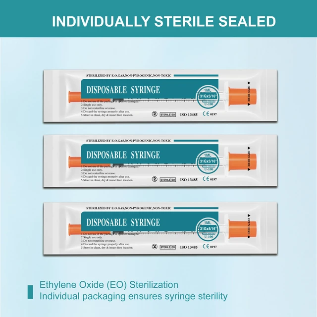Alt view image 4 of 7 - U-100 syringes with needle - 1ml 31G (31 gauge) 5/16 inch syringe with needles scale in 100 units, 1 ml / 1cc lab syringes, Pack of 30 (30 Pcs)