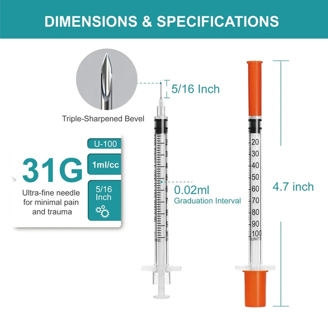 Alt view image 2 of 7 - U-100 syringes with needle - 1ml 31G (31 gauge) 5/16 inch syringe with needles scale in 100 units, 1 ml / 1cc lab syringes, Pack of 30 (30 Pcs)