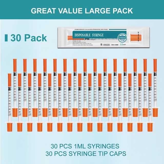 Alt view image 5 of 7 - U-100 syringes with needle - 1ml 31G (31 gauge) 5/16 inch syringe with needles scale in 100 units, 1 ml / 1cc lab syringes, Pack of 30 (30 Pcs)