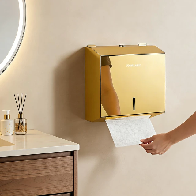 Alt view image 6 of 6 - Commercial Paper Towel Dispenser Wall Mount, Gold Polished Mirror Finish, Stainless Steel Paper Towel Dispenser with Lock, Fits C-Fold Multifold Trifold Paper Towels