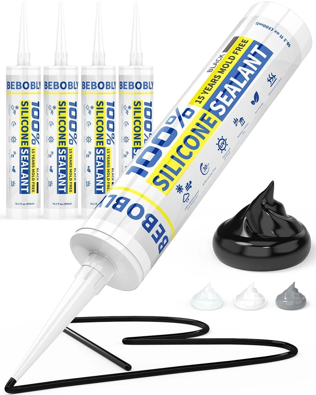 Main image of Black Silicone Caulk & Sealant, 100% Waterproof Silicone Caulking, Silicone Sealant Caulking for Kitchen, Bathroom, RV, Interior & Exterior Use, Shrink & Crack Proof, 10.2 FL. OZ/300ML, 4 Pack