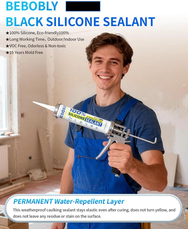 Alt view image 2 of 7 - Black Silicone Caulk & Sealant, 100% Waterproof Silicone Caulking, Silicone Sealant Caulking for Kitchen, Bathroom, RV, Interior & Exterior Use, Shrink & Crack Proof, 10.2 FL. OZ/300ML, 1 Pack