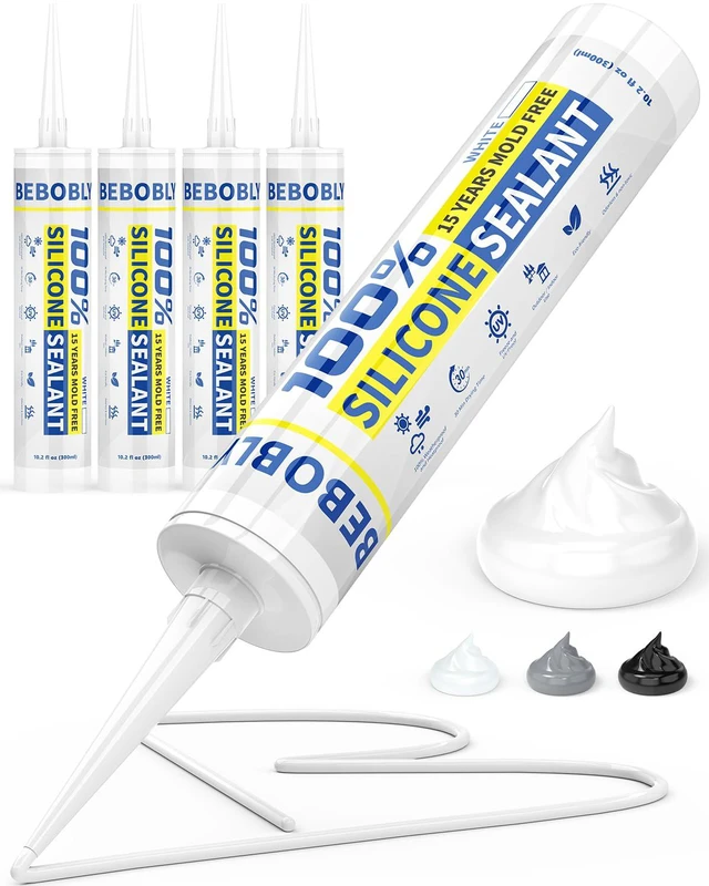 Main image of White Silicone Caulk & Sealant, 100% Waterproof Silicone Sealant Caulking, Shrink & Crack Proof, Silicone Caulking for Kitchen, Bathroom, RV, Interior & Exterior Use, 10.2 FL. OZ/300ML, 4 Pack