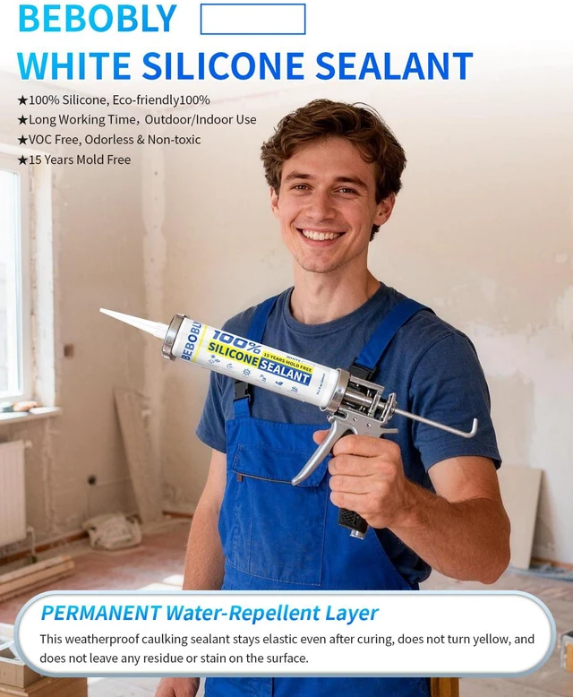 Alt view image 2 of 7 - White Silicone Caulk & Sealant, 100% Waterproof Silicone Sealant Caulking, Shrink & Crack Proof, Silicone Caulking for Kitchen, Bathroom, RV, Interior & Exterior Use, 10.2 FL. OZ/300ML, 4 Pack