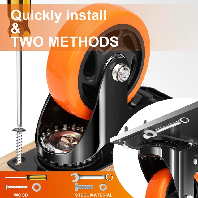 Alt view image 5 of 6 - 4" Caster Wheels, Outstanding Casters Set of 4 Heavy Duty, Silent Industrial Casters, Locking Casters Wheels for Furniture, Castor Wheels for Cart, Workbench