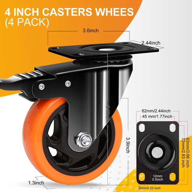 Alt view image 6 of 6 - 4" Caster Wheels, Outstanding Casters Set of 4 Heavy Duty, Silent Industrial Casters, Locking Casters Wheels for Furniture, Castor Wheels for Cart, Workbench