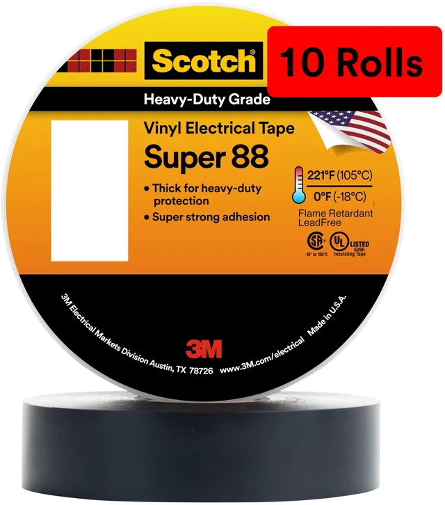 Main image of Scotch Vinyl Electrical Tape Super 88, 3/4 in x 44 ft, Black, 10 Rolls, Premium Grade, Rubber Resin Adhesive, PVC Backing, All-Season Heavy Duty Electric Tape
