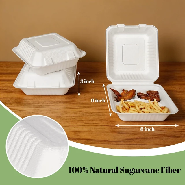 Alt view image 2 of 7 - 50 Pack 8×9 Inch 3-Compartment Compostable Bagasse Food Containers To Go Disposable Lunch Box, Eco-Friendly Biodegradable Clamshell Containers with Lids, for Meals, Takeaway, Party, Picnic