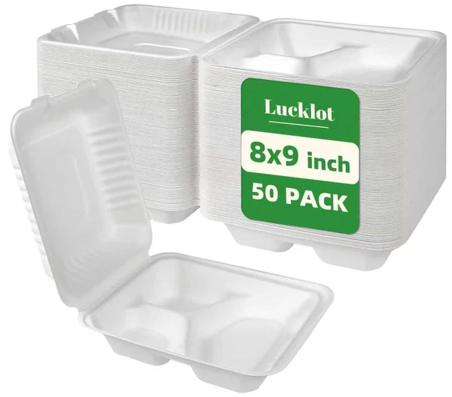 Main image of 50 Pack 8×9 Inch 3-Compartment Compostable Bagasse Food Containers To Go Disposable Lunch Box, Eco-Friendly Biodegradable Clamshell Containers with Lids, for Meals, Takeaway, Party, Picnic