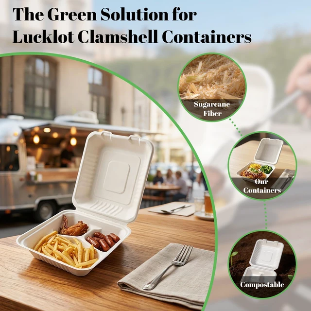 Alt view image 4 of 7 - 50 Pack 8×9 Inch 3-Compartment Compostable Bagasse Food Containers To Go Disposable Lunch Box, Eco-Friendly Biodegradable Clamshell Containers with Lids, for Meals, Takeaway, Party, Picnic
