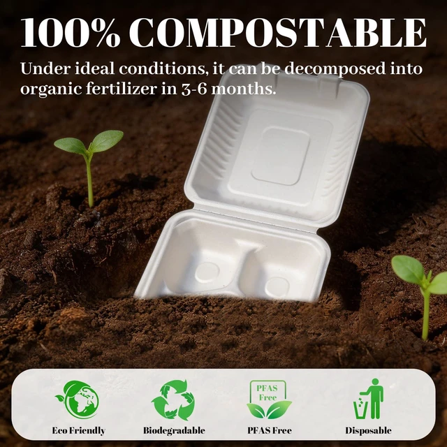 Alt view image 3 of 7 - 50 Pack 8×9 Inch 3-Compartment Compostable Bagasse Food Containers To Go Disposable Lunch Box, Eco-Friendly Biodegradable Clamshell Containers with Lids, for Meals, Takeaway, Party, Picnic