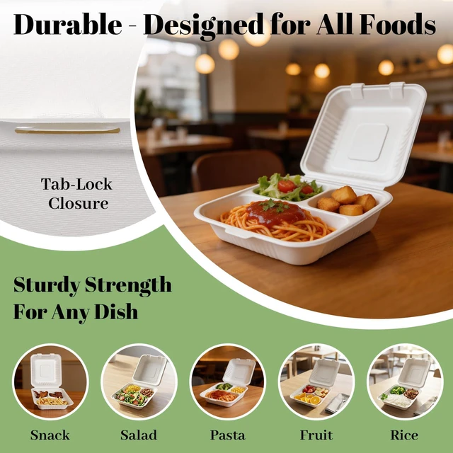 Alt view image 6 of 7 - 50 Pack 8×9 Inch 3-Compartment Compostable Bagasse Food Containers To Go Disposable Lunch Box, Eco-Friendly Biodegradable Clamshell Containers with Lids, for Meals, Takeaway, Party, Picnic