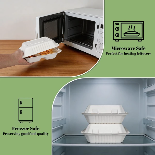 Alt view image 5 of 7 - 50 Pack 8×9 Inch 3-Compartment Compostable Bagasse Food Containers To Go Disposable Lunch Box, Eco-Friendly Biodegradable Clamshell Containers with Lids, for Meals, Takeaway, Party, Picnic