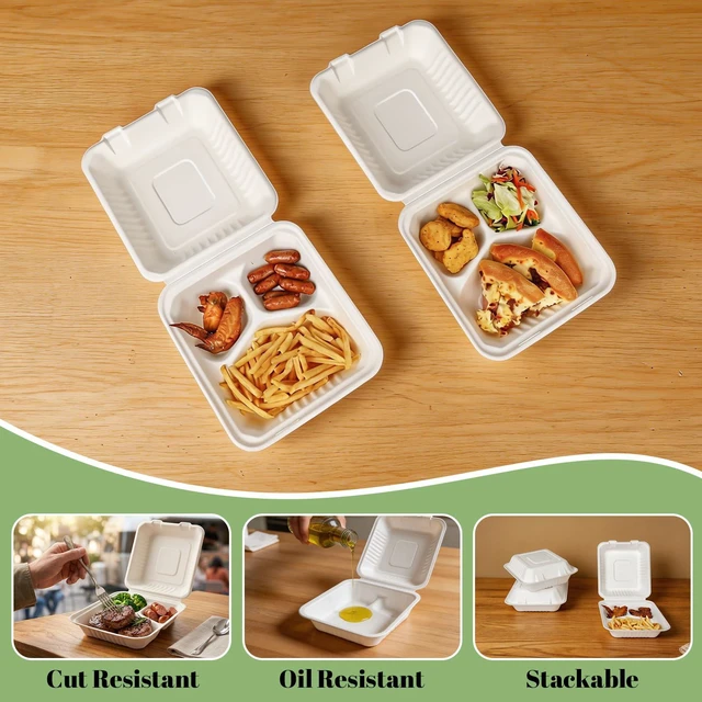 Alt view image 7 of 7 - 50 Pack 8×9 Inch 3-Compartment Compostable Bagasse Food Containers To Go Disposable Lunch Box, Eco-Friendly Biodegradable Clamshell Containers with Lids, for Meals, Takeaway, Party, Picnic
