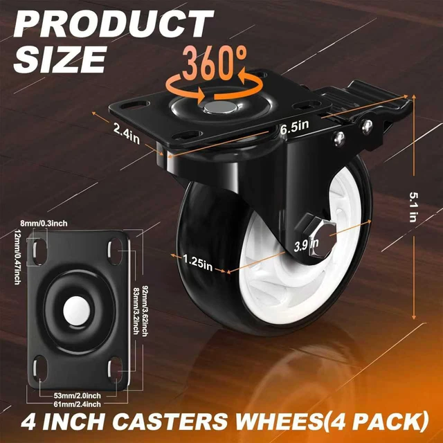 Alt view image 2 of 7 - 4 Inch Heavy Duty Caster Wheel with Dual Brake,Silent, Black,Set of 4 Easy to Install, Efficient operation, convenient braking,Silent, Floor friendly,Widely Applied for Cart,Furniture,Workbench