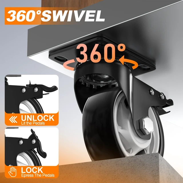 Alt view image 5 of 7 - 4 Inch Heavy Duty Caster Wheel with Dual Brake,Silent, Black,Set of 4 Easy to Install, Efficient operation, convenient braking,Silent, Floor friendly,Widely Applied for Cart,Furniture,Workbench