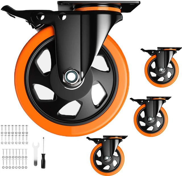 Main image of 5 Inch Swivel Caster Wheels, Heavy Duty Casters Set of 4 with Brake Polyurethane, Dual Lock Industrial Swivel Plate Mount for Furniture/ Workbench/Cart, Hardware Kits for Installation