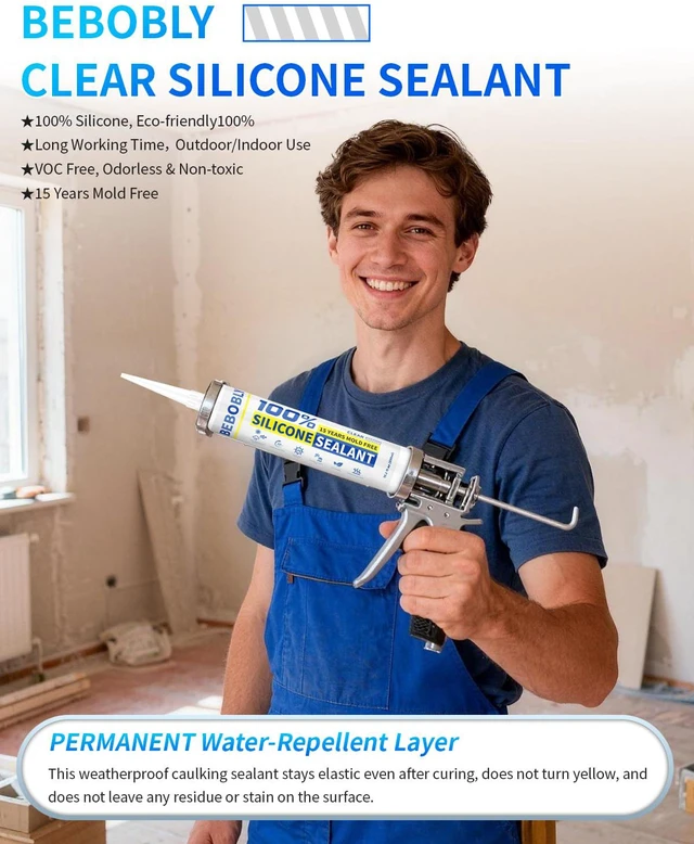 Alt view image 2 of 7 - Silicone Caulk & Sealant Clear, 100% Waterproof Silicone Sealant, Shrink & Crack Proof, Silicone Sealant Caulking for Kitchen, Bathroom, RV, Interior & Exterior Use, 10.2 FL. OZ/300ML, 1 Pack