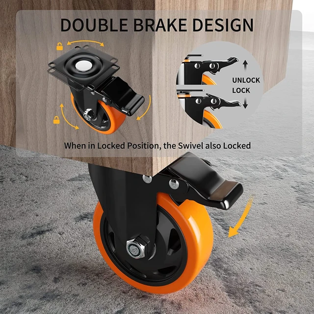 Alt view image 4 of 7 - 5 Inch Swivel Caster Wheels, Heavy Duty Casters Set of 4 with Brake Polyurethane, Dual Lock Industrial Swivel Plate Mount for Furniture/ Workbench/Cart, Hardware Kits for Installation