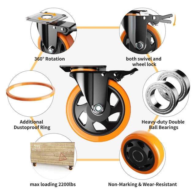 Alt view image 3 of 7 - 5 Inch Swivel Caster Wheels, Heavy Duty Casters Set of 4 with Brake Polyurethane, Dual Lock Industrial Swivel Plate Mount for Furniture/ Workbench/Cart, Hardware Kits for Installation
