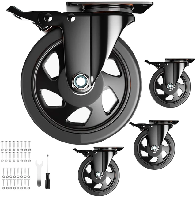 Main image of 5 Inch Swivel Caster Wheels, Casters Set of 4 Heavy Duty with Brake Polyurethane, Dual Lock Industrial Swivel Plate Mount for Furniture/ Workbench/Cart, Hardware Kits for Installation