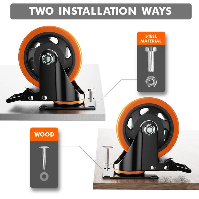 Alt view image 7 of 7 - 5 Inch Swivel Caster Wheels, Heavy Duty Casters Set of 4 with Brake Polyurethane, Dual Lock Industrial Swivel Plate Mount for Furniture/ Workbench/Cart, Hardware Kits for Installation