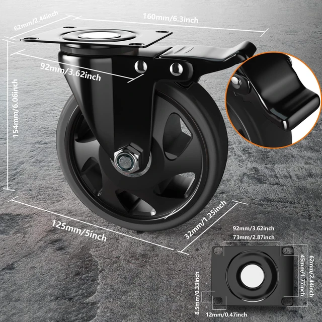 Alt view image 2 of 7 - 5 Inch Swivel Caster Wheels, Casters Set of 4 Heavy Duty with Brake Polyurethane, Dual Lock Industrial Swivel Plate Mount for Furniture/ Workbench/Cart, Hardware Kits for Installation