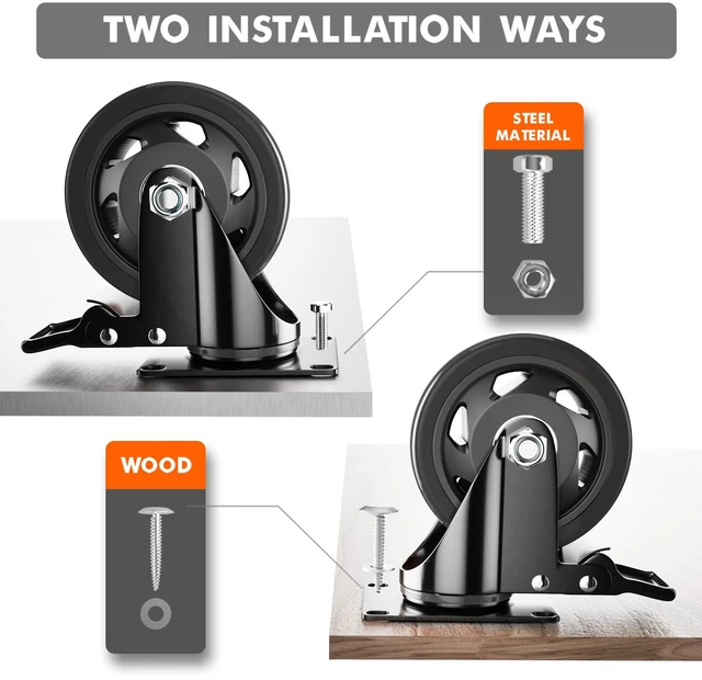 Alt view image 3 of 7 - 5 Inch Swivel Caster Wheels, Casters Set of 4 Heavy Duty with Brake Polyurethane, Dual Lock Industrial Swivel Plate Mount for Furniture/ Workbench/Cart, Hardware Kits for Installation
