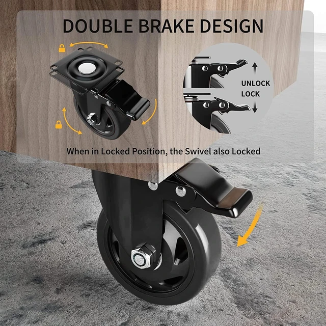 Alt view image 4 of 7 - 5 Inch Swivel Caster Wheels, Casters Set of 4 Heavy Duty with Brake Polyurethane, Dual Lock Industrial Swivel Plate Mount for Furniture/ Workbench/Cart, Hardware Kits for Installation