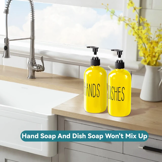 Alt view image 5 of 7 - Glass Soap Dispenser Set 2 Pack,16 Oz Dish Soap Dispenser for Kitchen Sink,Lemon Kitchen Decor and Accessories,Yellow Decorations and Kitchen Utensils for Kitchen