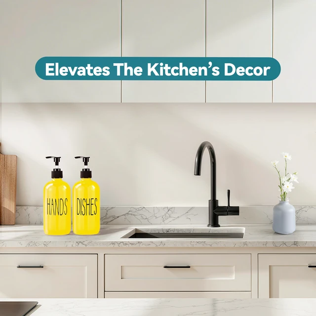 Alt view image 4 of 7 - Glass Soap Dispenser Set 2 Pack,16 Oz Dish Soap Dispenser for Kitchen Sink,Lemon Kitchen Decor and Accessories,Yellow Decorations and Kitchen Utensils for Kitchen