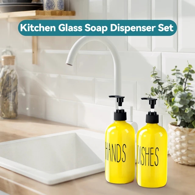 Alt view image 2 of 7 - Glass Soap Dispenser Set 2 Pack,16 Oz Dish Soap Dispenser for Kitchen Sink,Lemon Kitchen Decor and Accessories,Yellow Decorations and Kitchen Utensils for Kitchen
