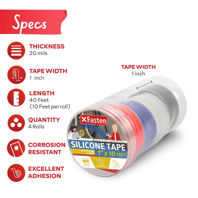 Alt view image 2 of 7 - Self Fusing Silicone Tape Waterproof Multicolor 1" x 10 Feet 4-Pack, Self Amalgamating Tape, Silicone Rubber for Plumbing, Sealing Pipes, Hose Repair, Outdoor Coax and Electrical Cables