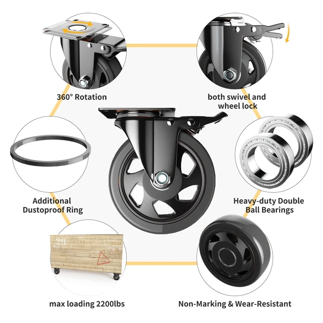 Alt view image 5 of 7 - 5 Inch Swivel Caster Wheels, Casters Set of 4 Heavy Duty with Brake Polyurethane, Dual Lock Industrial Swivel Plate Mount for Furniture/ Workbench/Cart, Hardware Kits for Installation