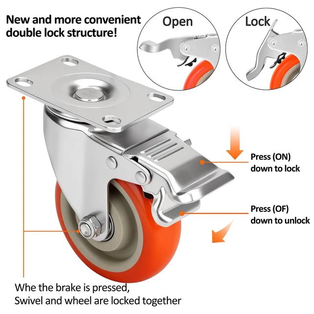 Alt view image 2 of 6 - 4 Inch Industrial Heavy Duty Swivel Caster Wheels with Brake,Set of 4 Safety Locking Casters,Load 2000lbs,Premium Polyurethane Wheels for Table,Trailer,Saw Table,Stage Toolbox,Bed,Corn Board