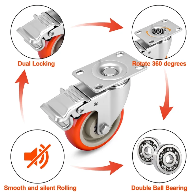 Alt view image 3 of 6 - 4 Inch Industrial Heavy Duty Swivel Caster Wheels with Brake,Set of 4 Safety Locking Casters,Load 2000lbs,Premium Polyurethane Wheels for Table,Trailer,Saw Table,Stage Toolbox,Bed,Corn Board
