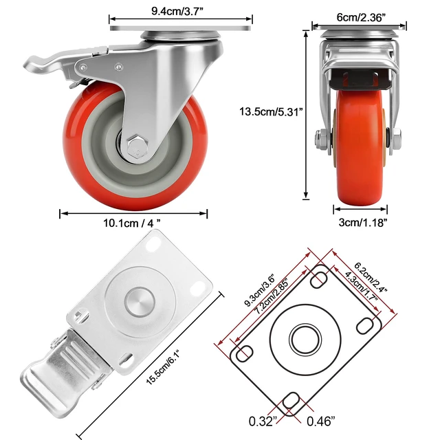 Alt view image 4 of 6 - 4 Inch Industrial Heavy Duty Swivel Caster Wheels with Brake,Set of 4 Safety Locking Casters,Load 2000lbs,Premium Polyurethane Wheels for Table,Trailer,Saw Table,Stage Toolbox,Bed,Corn Board
