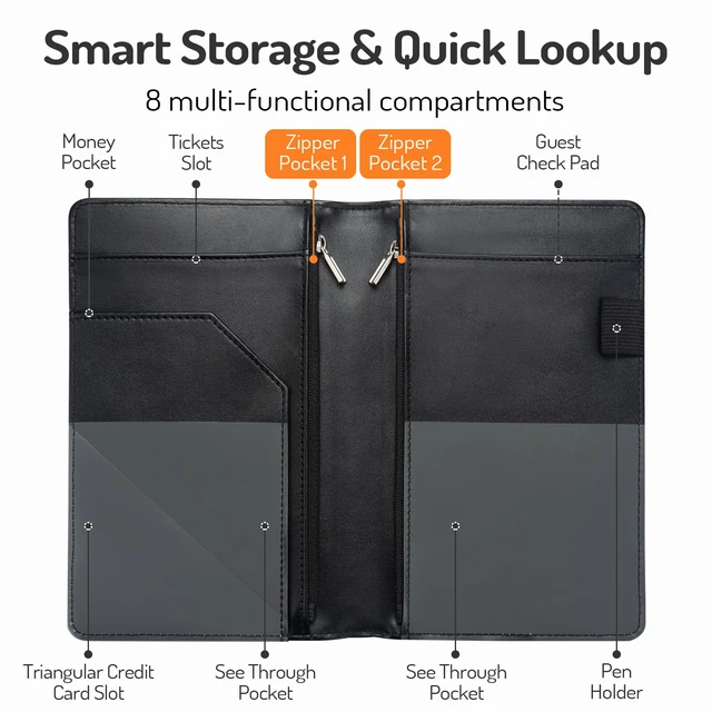 Alt view image 3 of 6 - Server Book with 2 Zipper Pockets, Leather Server Books for Waitress Waiter Book, Sturdy Waitress Book with Money Pocket and Zipper, Servers Book Waitress Accessories Server, Marble Black Gold