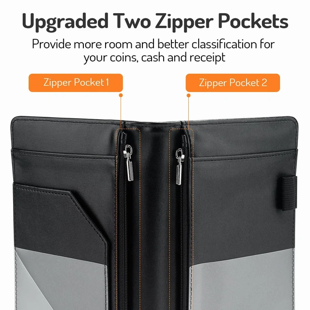 Alt view image 2 of 6 - Server Book with 2 Zipper Pockets, Leather Server Books for Waitress Waiter Book, Sturdy Waitress Book with Money Pocket and Zipper, Servers Book Waitress Accessories Server, Marble Black Gold