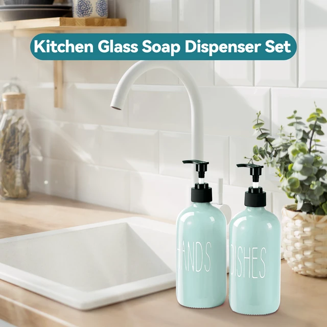 Alt view image 2 of 7 - Glass Soap Dispenser Set 2 Pack,16 Oz Dish Soap Dispenser for Kitchen Sink,Green Kitchen Accessories and Kitchen Decor,Green Decorations and Kitchen Utensils for Kitchen